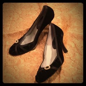 Black “Velvet” Heels with Pearl Detail